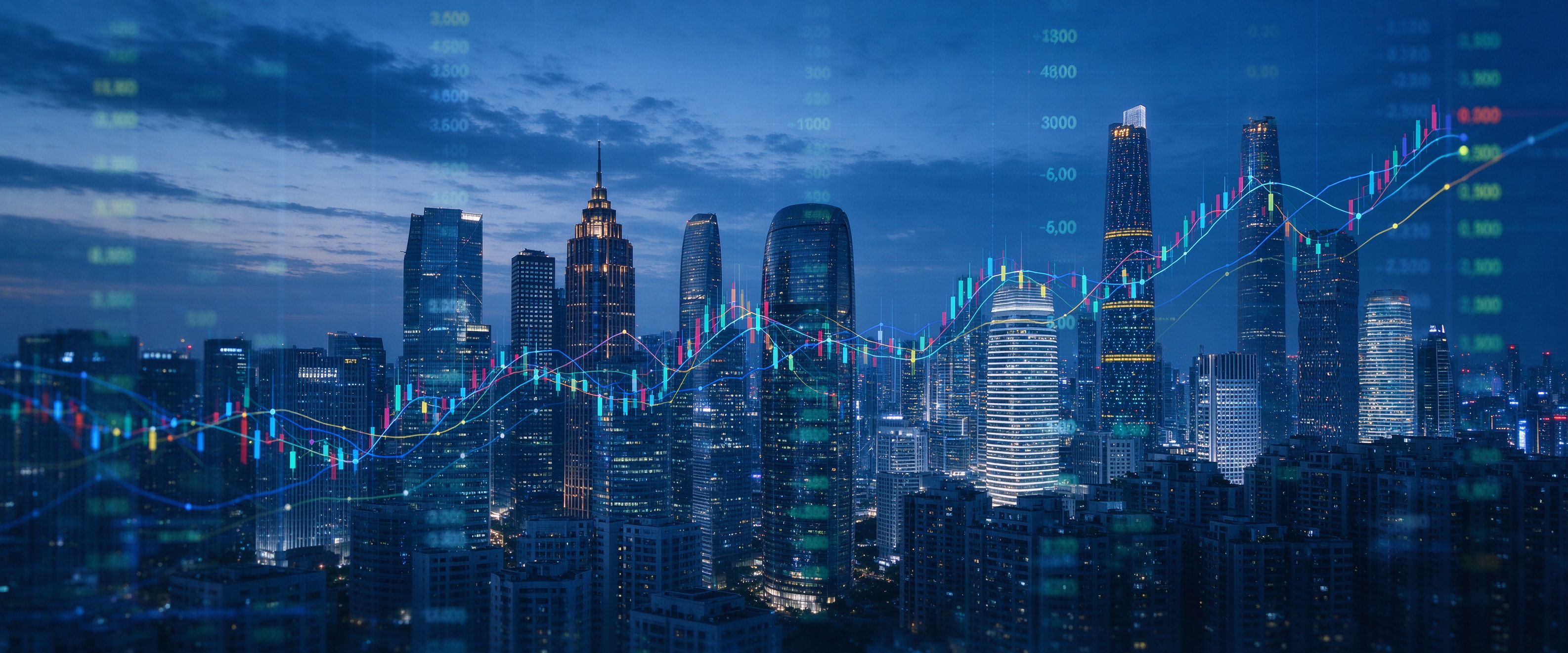 City skyline with financial charts