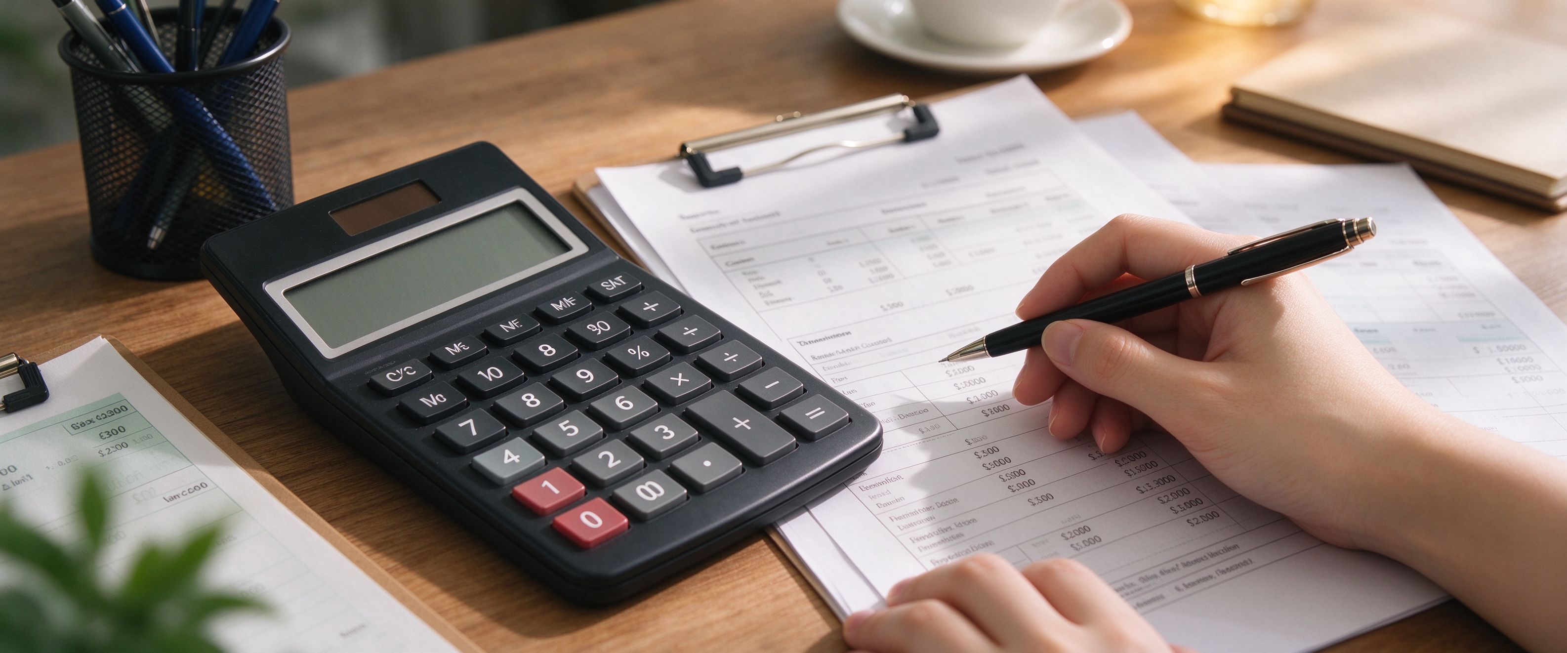 Calculator and tax documents on desk