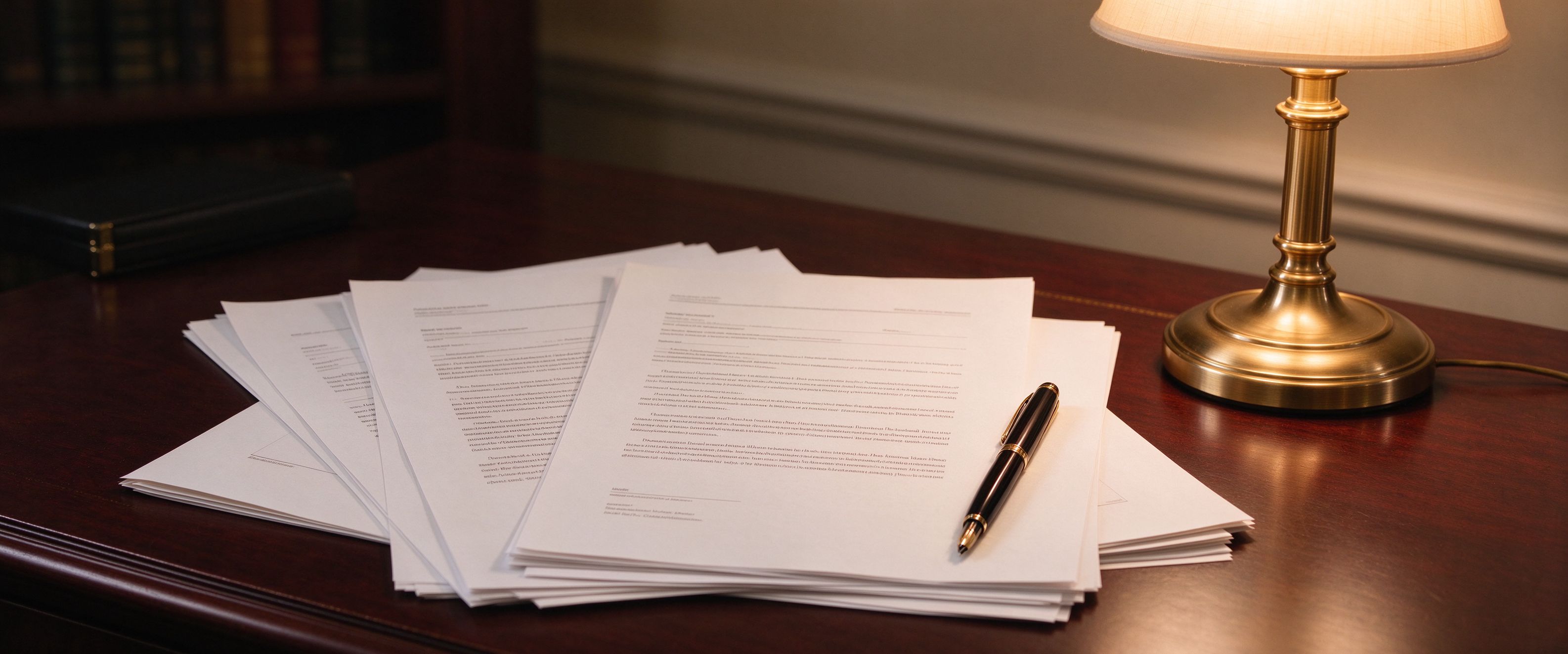 Legal documents and fountain pen on desk